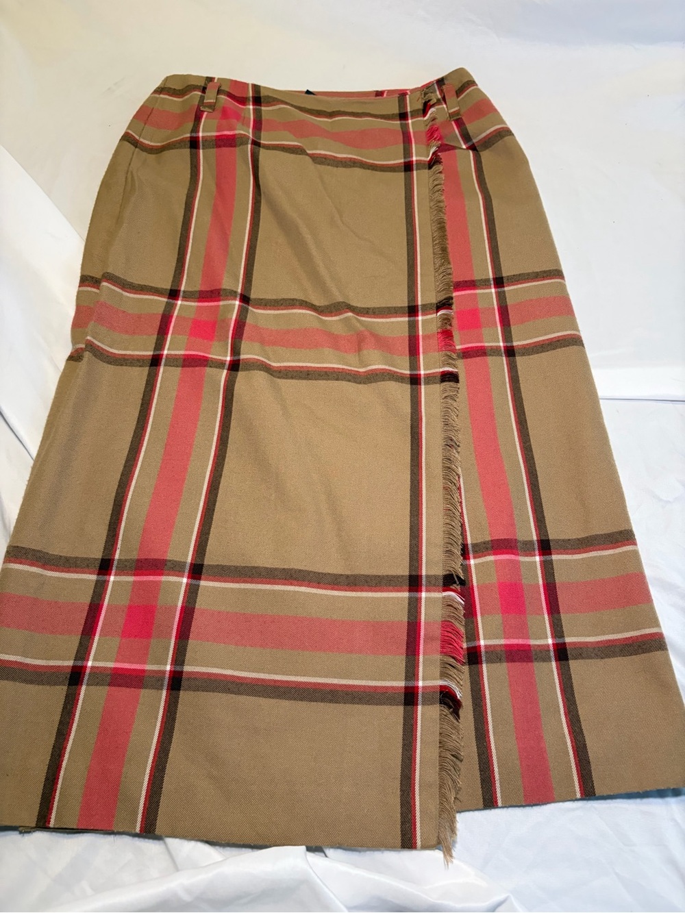 Evan Picone Tan Plaid Midi Skirt with Red Stripes